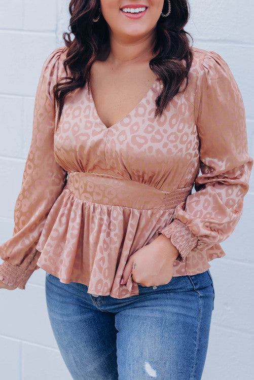 Pink Plus Size Leopard Satin Peplum Top