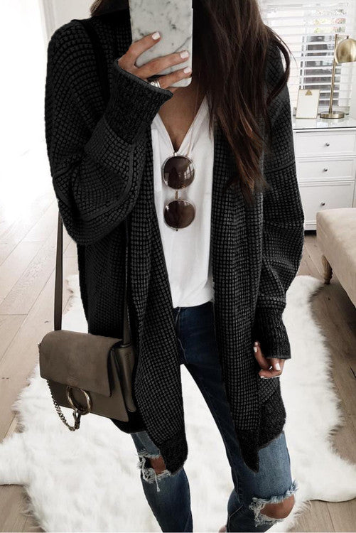 Textured Long Open Front Cardigan