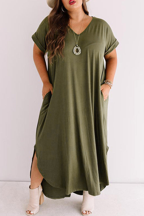 Plus Size V Neck Rolled Cuff Maxi Dress