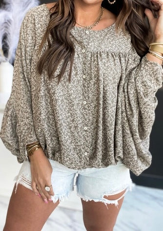 Floral Print Kimono Sleeve Ruched Blouse