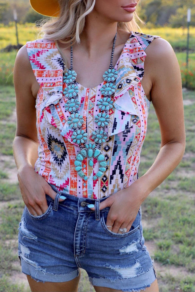 Aztec Print Ruffled Sleeveless Bodysuit