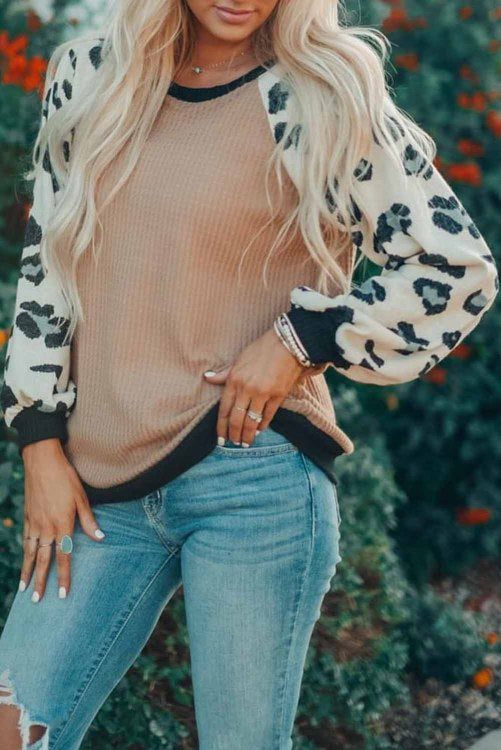 Leopard Sleeve Contrast Pullover Top