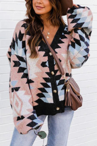 Oversized Aztec Button Front Cardigan