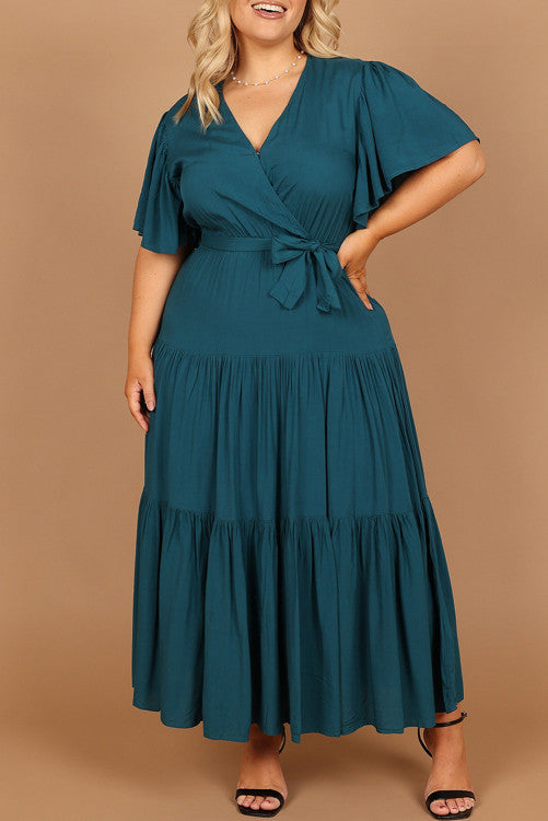 Plus Size Pleated V Neck Wrap Maxi Dress