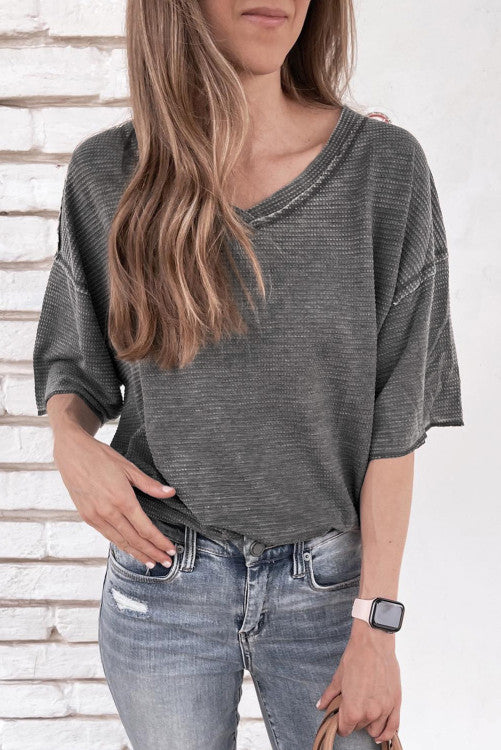 Gray Waffle Knit Raw Hem Top