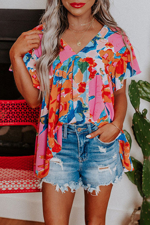 Abstract Print V Neck Flutter Sleeve Blouse