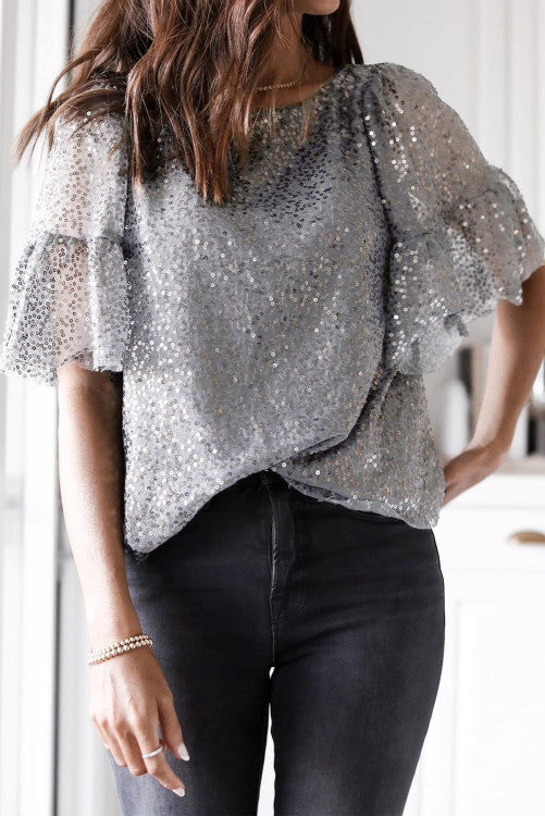 Ruffled Sleeve Sequin Blouse